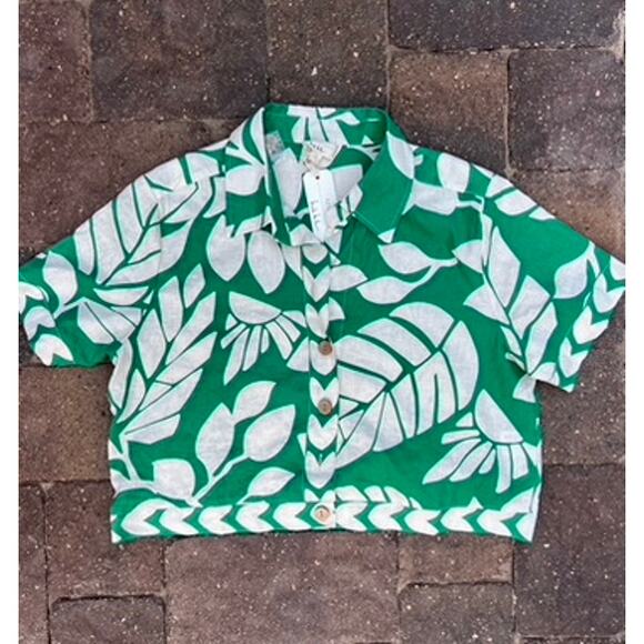 NWT Nicole Miller green white tropical linen summer beach vacation set size S/M - Picture 2 of 5